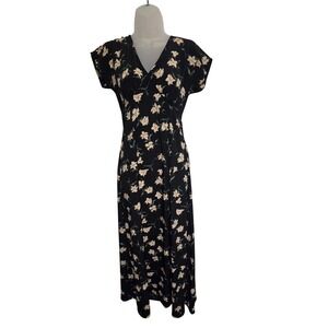 Vintage 90s Rachel Green Black Floral Print Maxi Dress V Neck Belted Size L